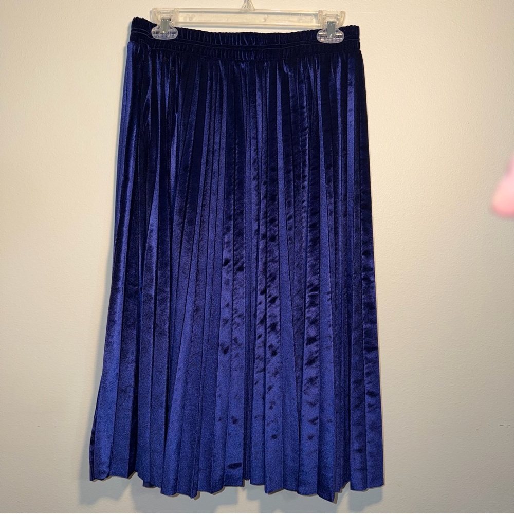 Blue Royal Crushed Velvet Pleated Midi Skirt Winter Luxe Indie Romantic Medium - Picture 3 of 8